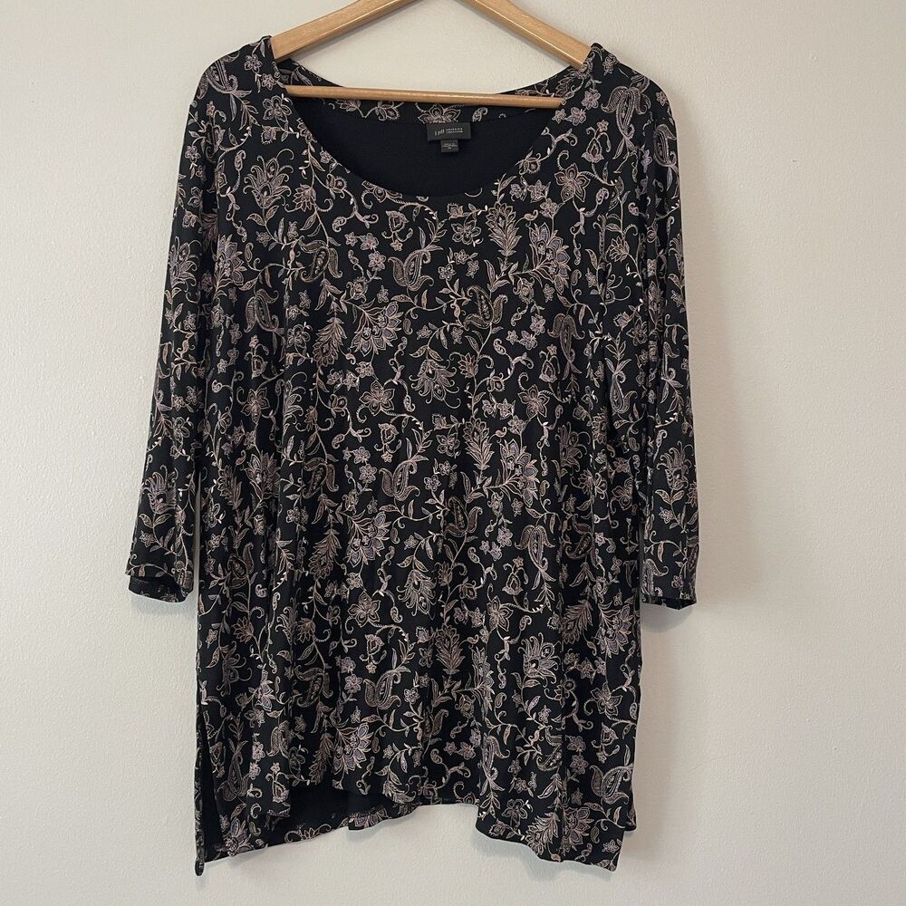 J. Jill Wearever Collection Black Floral Top XL Tunic Stretch Basic Office